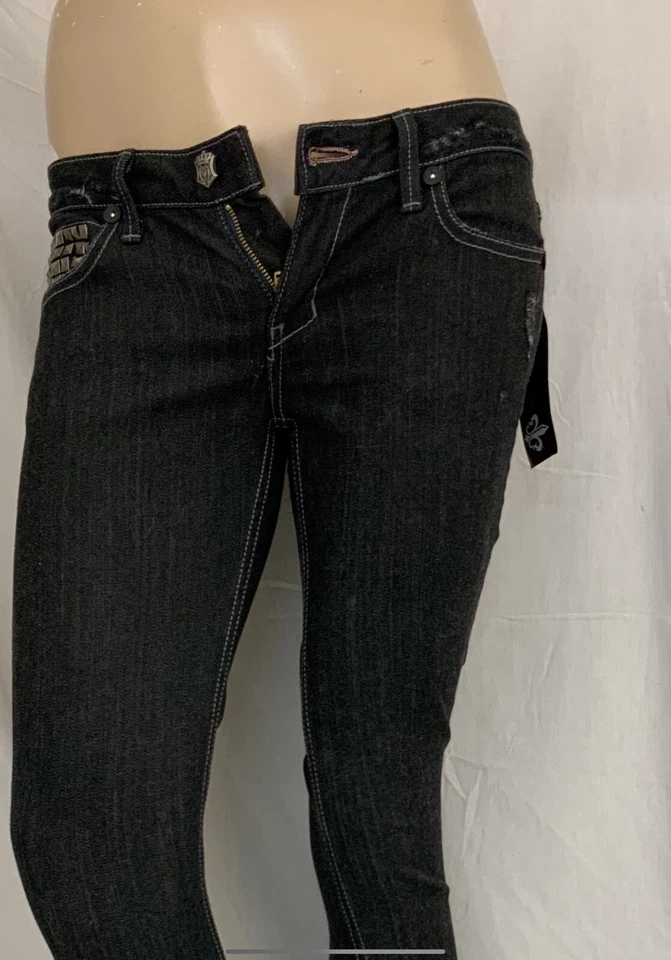 Pantalones de mezclilla Monarchy talla 26 negros para mujer Brit calce ajustado algodón elástico nuevos con etiquetas YGI N1-506CG Foto 3 de 4