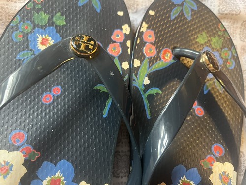 Tory Burch Blue Flower Print Wedge Flip Flop Size 11 Pre owned - Picture 3 of 4