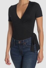  96 Astr The Label Women's Black Wyatt Ribbed V-Neck Wrap Front Bodysuit Size S