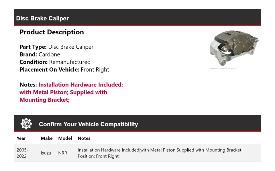 For 2005-2022 Isuzu NRR Disc Brake Caliper Front Right Cardone 2006 2007 2008 - Image 2 of 4
