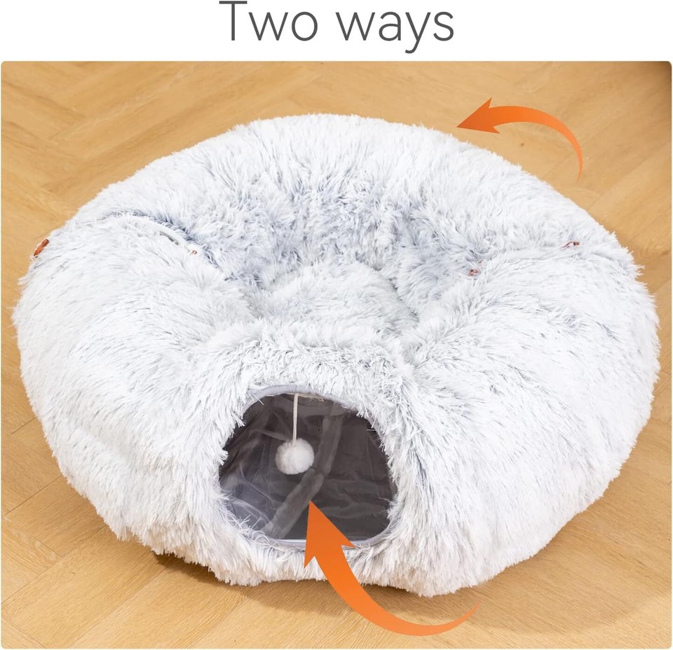 HIPIPET Plush Cat Tunnel with Bed for Indoor Cats,Multifunctional Grey