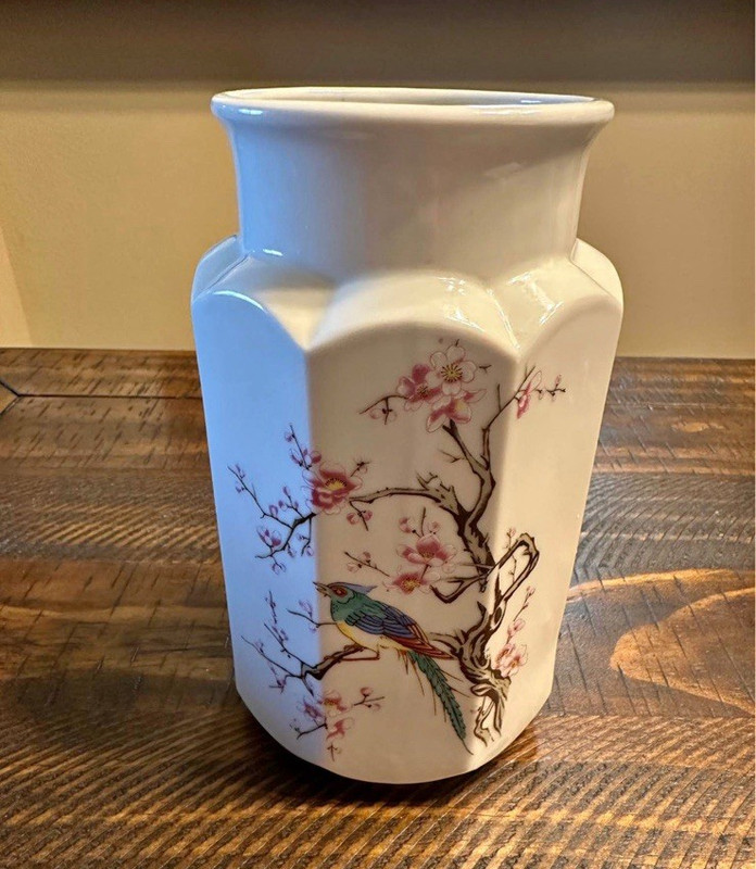 Hexagonal Glazed Porcelain Vase, White Bird & Floral Branch Design Decor