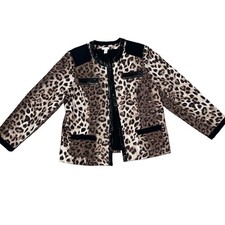 Chicos Leopard Print Blazer Jacket Womens XL 3 Brown Black Glossy Trim F55