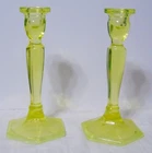 New Listing2  Tall Fenton Vaseline Glass Uranium Candlesticks 8 1/2" Hexagonal Base