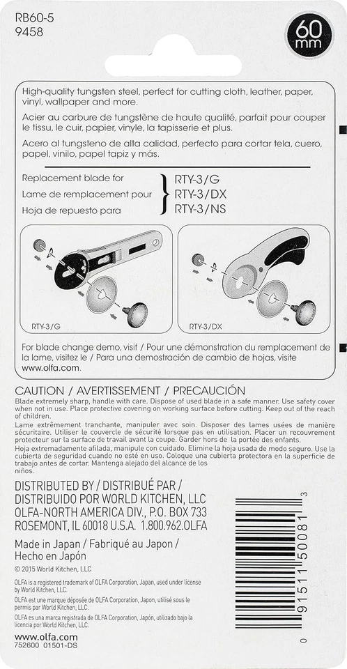 5 cuchillas OLFA 60 mm cuchillas de repuesto de cortador rotativo (RB60-5) - acero al tungsteno Foto 4 de 4