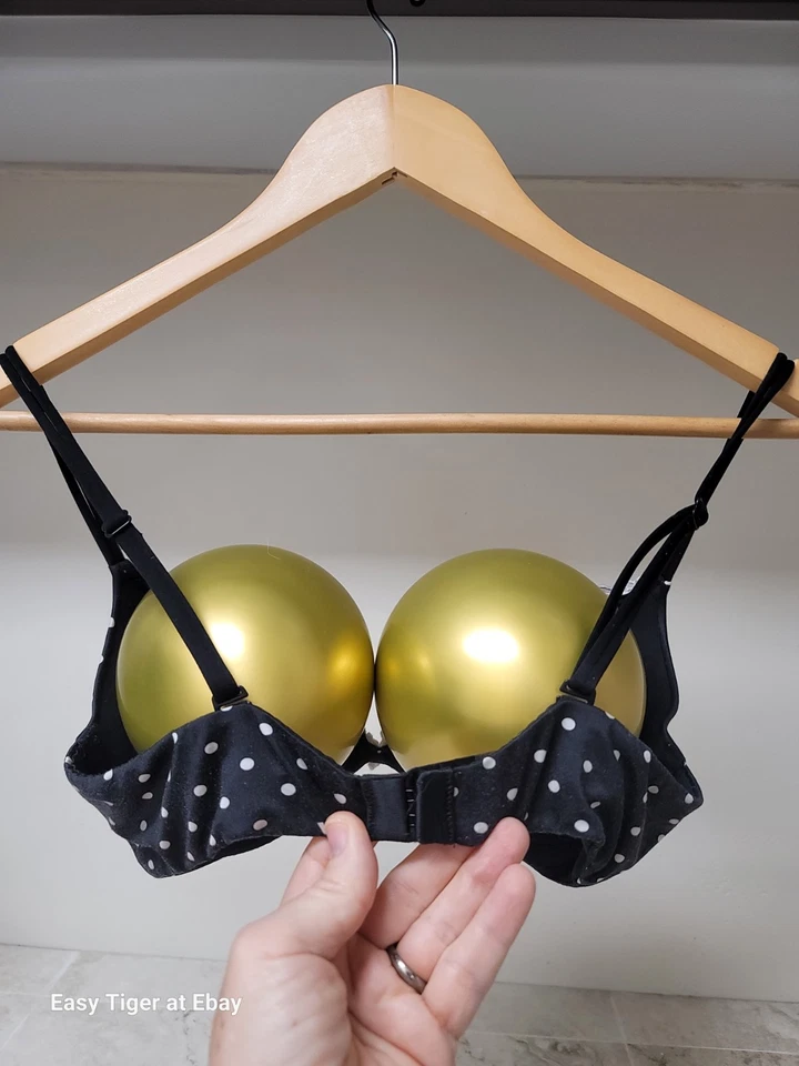 GUC VICTORIA SECRET Very SEXY Push Up 34C Bra SATIN Black White Polka Dots Lace - Image 4 of 4