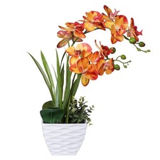 18.9 Inch Orange Artificial Orchid Fake Silk Flowers White Pot Centerpiece