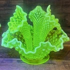 ANTIQUE FENTON VASELINE HOBNAIL TOPAZ OPALESCENT ART GLASS FLOWER EPERGNE VASE