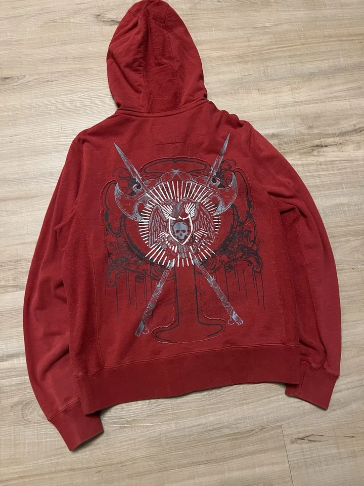 Sudadera con capucha roja vintage Marc Ecko con estampado gráfico de calavera y cruz talla pequeña para hombre Foto 2 de 4