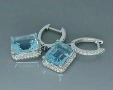 3Ct Emerald Cut Lab Created Aquamarine Drop Dangle Earring 14K White Gold Plated
