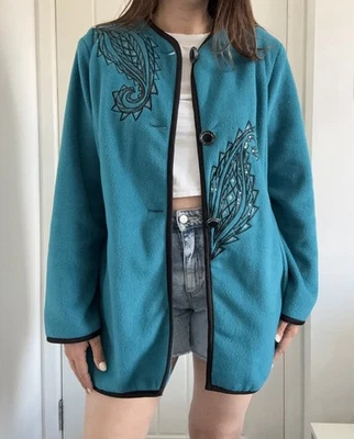 Vintage Bob Mackie Wearable Art Fleece Jacke Blau Türkis Pailletten Paisley M - Bild 1 von 4
