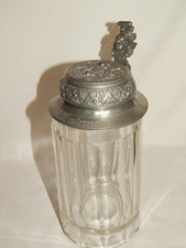 Bierkrug um 1900  Zinndeckel  M&uuml;nchner Kindl  Dr&uuml;cker Putto  0,45 L Pressglas