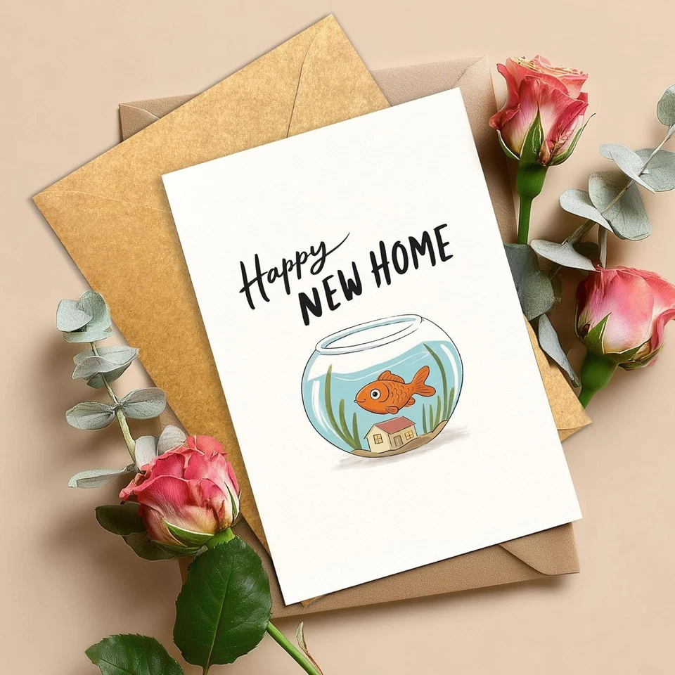 Feliz Nuevo Hogar Fish Bowl Tarjeta Divertida Inauguración de Casa Saludo para Amigos, Familia, N Foto 2 de 4