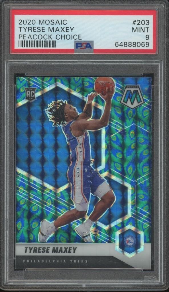 2020-21 Panini Mosaic TYRESE MAXEY #203 RC PEACOCK CHOICE SSP PSA 9 MINT CW5