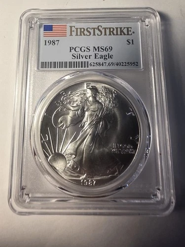 1987 Silver Eagle PCGS MS69 First Strike  BLAST WHITE GEM 2nd Year-Flag Label_