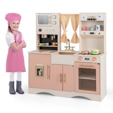 Versatile Kids Kitchen Set w/ 3 Cabinets Open Shelves, 16 Play Accessories