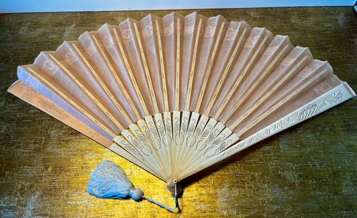Vintage Faux Ivory Rose/ Pink  Linen & Lace Celluloid Hand Folding Fan 23” X 14”