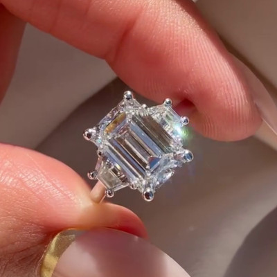 3.50 CT Emerald  Cut Three Stone Moissanite  Side Trapezoid 925 Sterling Silver