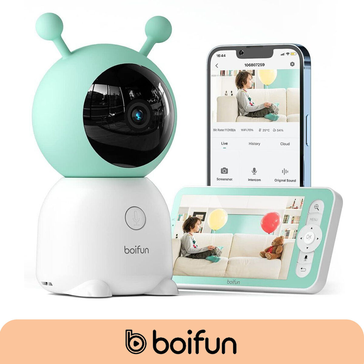 BOIFUN Babyphone mit Kamera 2K HD Bild PT 355°/90° 4X Zoom Mobile