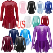 US Kids Girls Ice Skating Dress Long Sleeves Dance Ballet Gymnastics Dancewear
