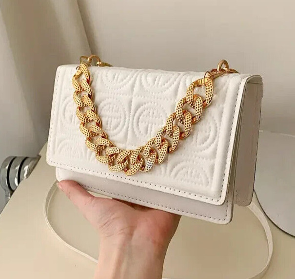 Designer Handbag w/Gold Cuban Chain Accent White Crossbody
