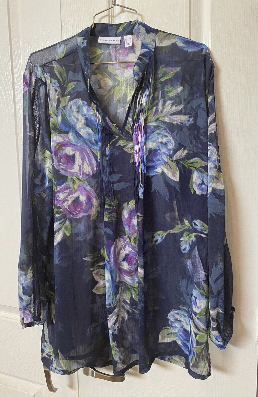 Women's Susan Graver Blouse M Sheer Blue Purple Floral Top Lace Tunic Medium