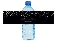 Silver Confetti Falling On Black Wedding Anniversary Bridal Water Bottle Labels