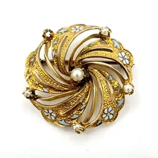 VICTORIAN 10K yellow gold  brooch - seed pearl blue enamel flower pin pendant