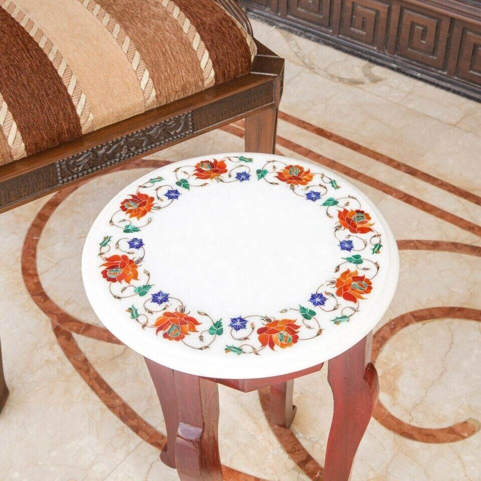 White Round Restaurant Top Table Carnelian Pietradura Inlaid Floral Art