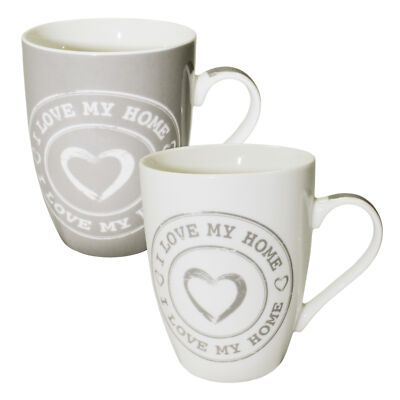 Kaffeetasse I love my home Porzellan Tasse Becher mit Herz coffee cup Weiß Grau