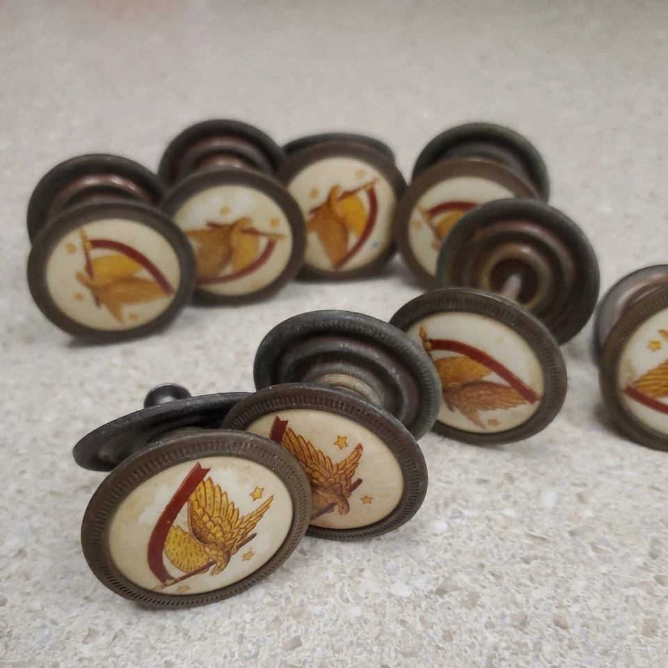 Eagle in Flight w Banner Stars Porcelain Brass Knob Pulls Arch Hardware 8pcs - Image 3 of 4