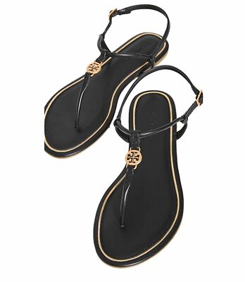 Tory Burch Womens Black Leather Emmy Flat Logo Classic Thong