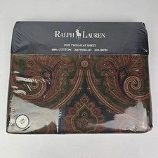 VTG Twin Ralph Lauren Elizabeth Paisley Blue Green Flat Sheet Oldstock Irregular