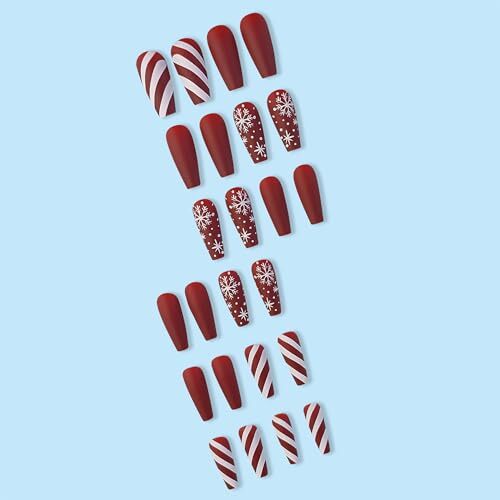 Christmas Press on Nails Long Artificial Fake Nails with Snowflake and Plaid
