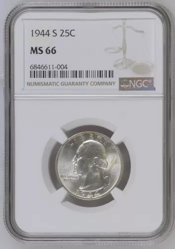 1944-S - Washington Quarter - NGC MS66 - STUNNING SUPER GEM! VERY SCARCE SO FINE
