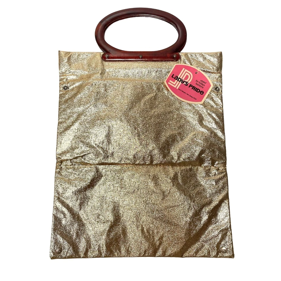 De Colección Años 70 Dama Orgullo Bolso de Mano Brillante METÁLICO DORADO Cartera MOD HIPPIE Mango Superior Foto 2 de 4