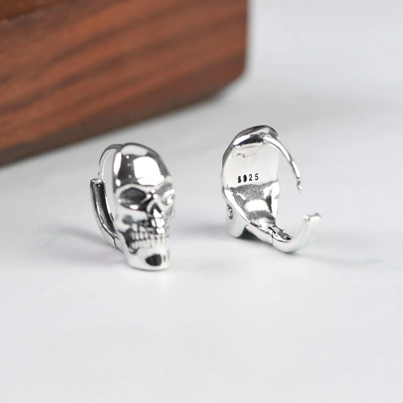 S925 Sterling Silver SKULL Huggie Hoop Earrings Gothic Biker Mens Womens PAIR 8g - Image 3 of 4