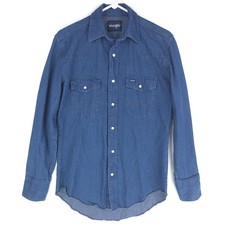 Wrangler Men Small Pearl Snap Western Shirt Long Sleeve Solid Blue Cotton