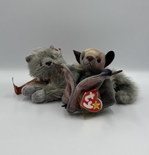 NEW Ty Beanie Baby Toy Set- Beani Gray Cat & Batti Bat Tie-Dye Stuffed Plushes
