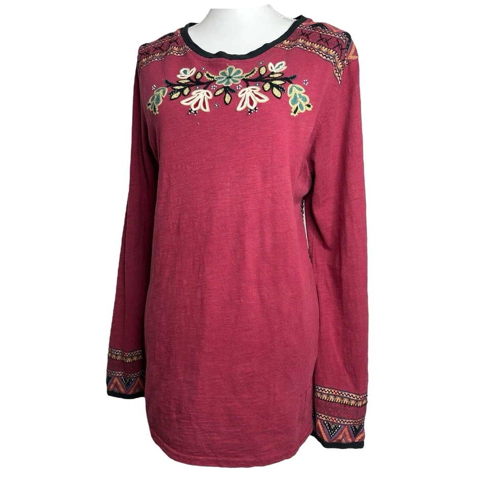 Camiseta Boho Western Doble D Rancho Top 1X Roja Floral Azteca Bordada Manga Larga Foto 4 de 4