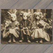 Art Print Rabbit Masks Flower Crowns Kids Sepia Creepy Whimsical Surreal Forest