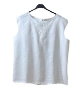 Top Senza Maniche Con Bottoni Donna Vintage Anni 70-80 100% Lino Ricamato A Mano