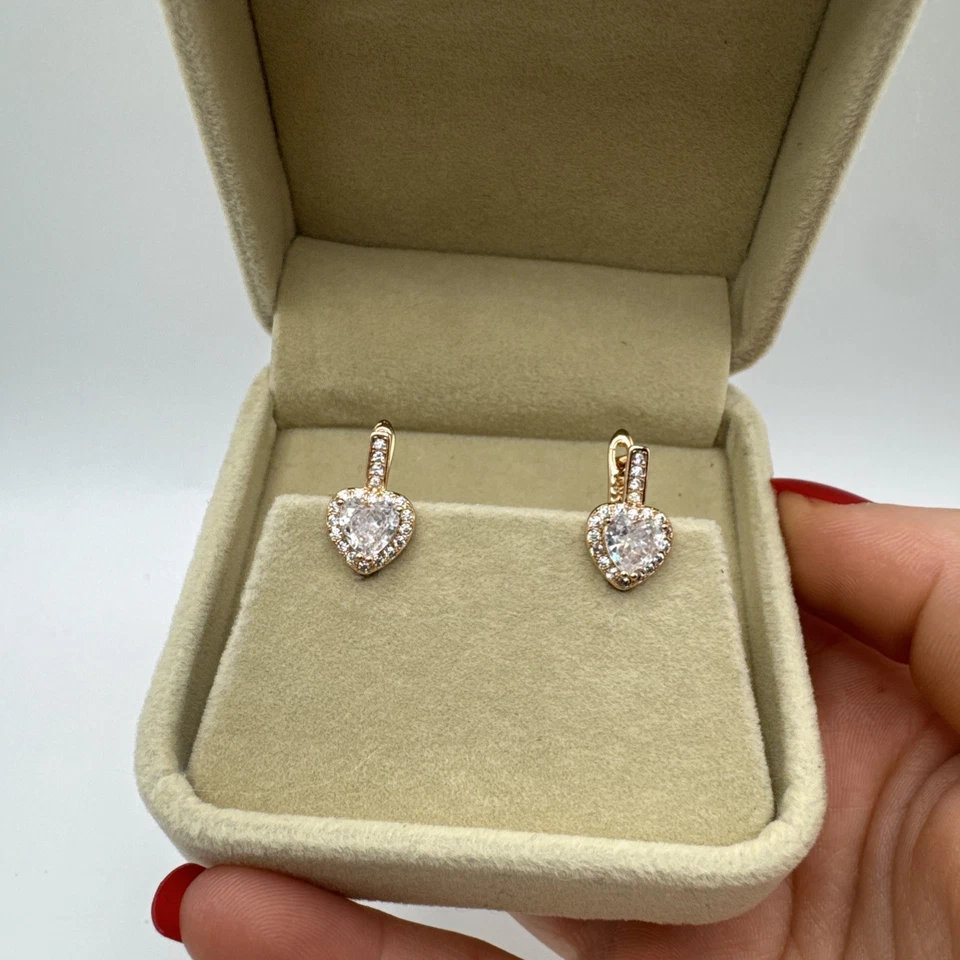 Pendientes colgantes corazón circón oro laminado 14 quilates unidos sello 585RG regalo Foto 3 de 4