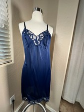 VTG VANITY FAIR Womens 34 M Slip Navy Blue Lace Detail Knee Length
