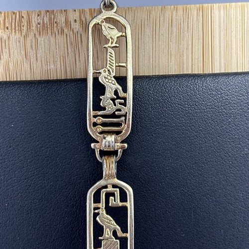 Vtg Sterling Silver Egyptian Cartouche Bracelet Hieroglyphics Gold Plated 7.5” - Picture 5 of 11