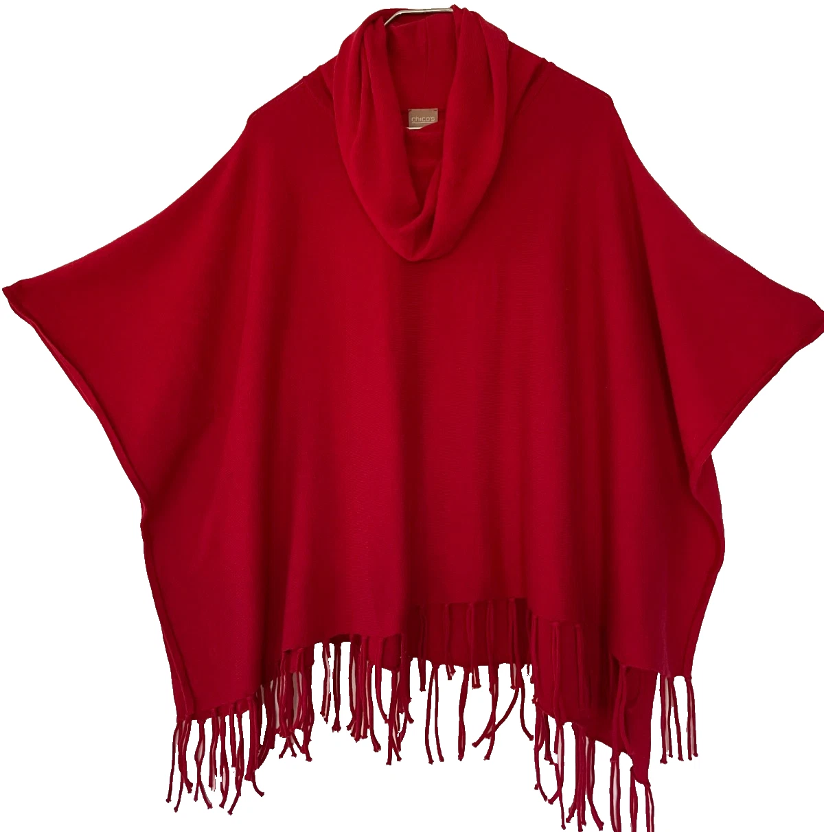 Chico's OS S M L XL bright red poncho sweater cowl neck popover lagenlook
