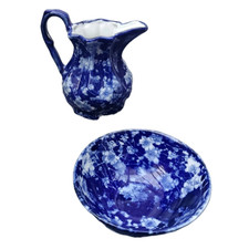 Antique Flow Blue Wash Jug & Bowl Victorian Cobalt Set