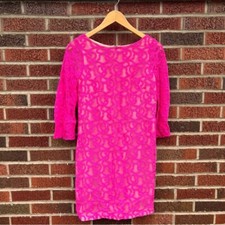 Nine West Bright Pink Mesh Lace Layered Nude Long Sleeve Pencil Dress