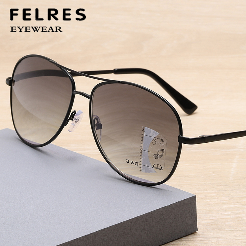 Metal Fashion Pilot Tinted Reading Glasses Men Sunshade Progressive  Sunglasses