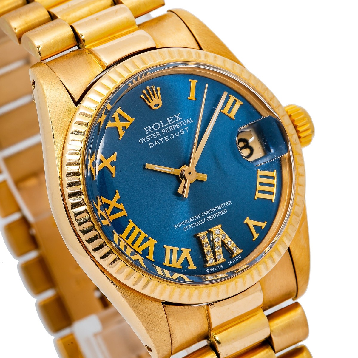 Rolex Datejust 31mm Blue Roman Dial Yellow Gold Fluted Bezel